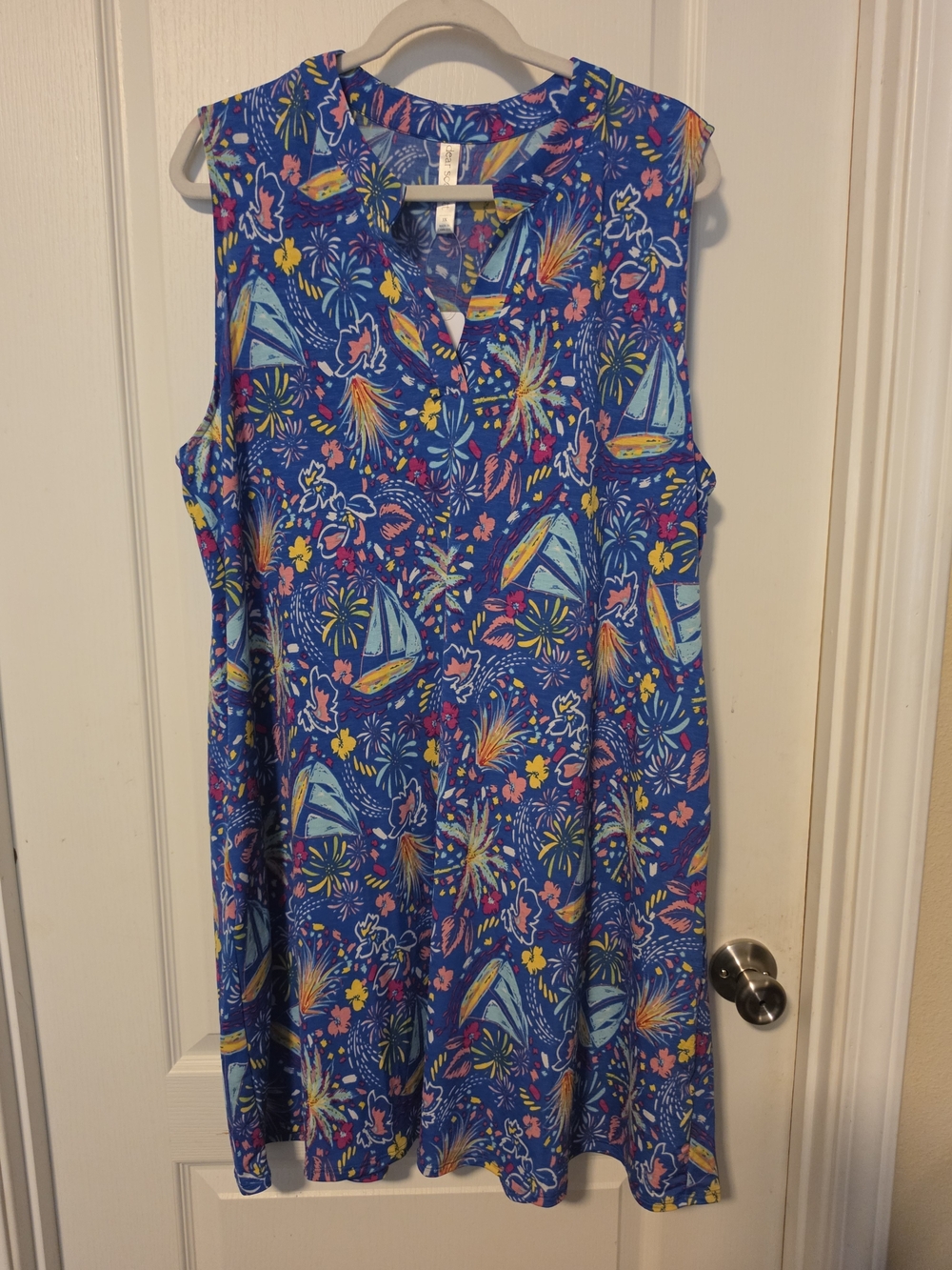 Sleeveless Bright Blue Sailboat & Fireworks Mini Dress